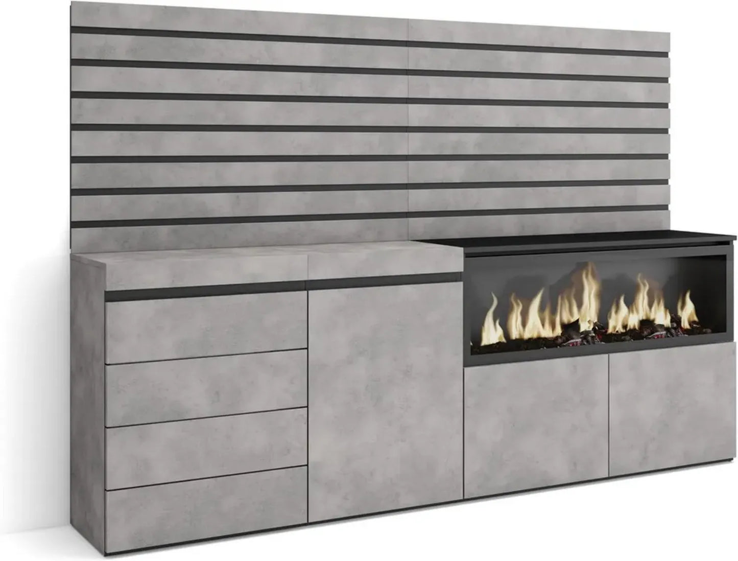 Buffet Moderne XXL avec Cheminée Électrique, 214x145x35 cm, Style Ciment