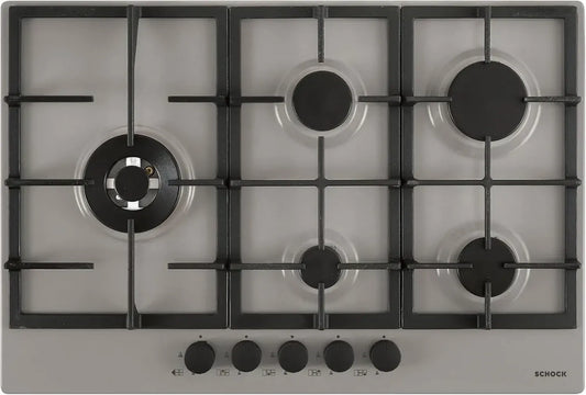 Table de Cuisson Gaz 5 Feux SCHOCK PC75, Design Professionnel, Grilles Fonte, Poignées Soft Touch, Sécurité Maximale, 740 x 500 mm, Gris Taupe