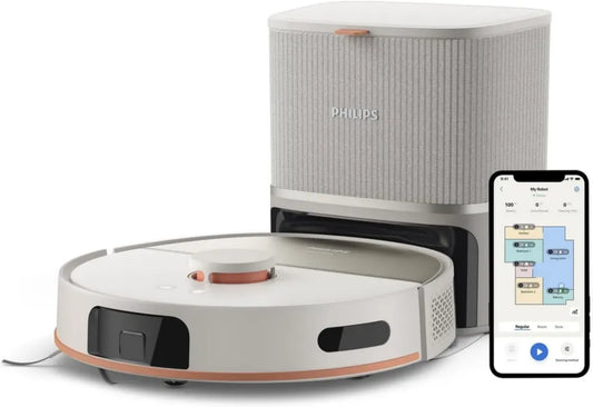 Aspirateur Robot Philips 5000 avec Serpillières Rotatives et Vidange Automatique, 10 000 Pa, Navigation Laser, Beige