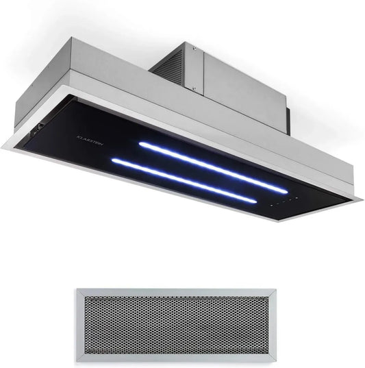 Klarstein Hotte de Plafond Éclairage LED, 77 cm, 410 m³/h, 3 Vitesses, Télécommande, Acier Inox/Verre Noir