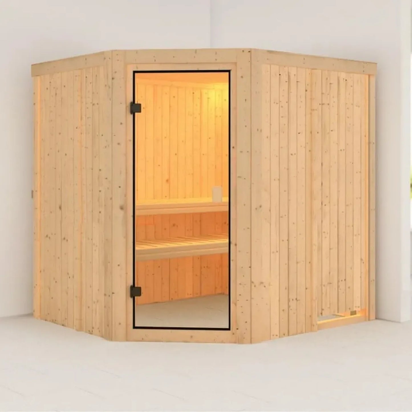 Sauna d'Angle 5-6 Places en Épicéa avec Poêle 9kW et Porte Vitrée