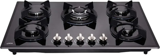 Plaque de cuisson à gaz 76 cm 5 feux avec grilles en verre et fonte – Conversion LPG/NG, Noir