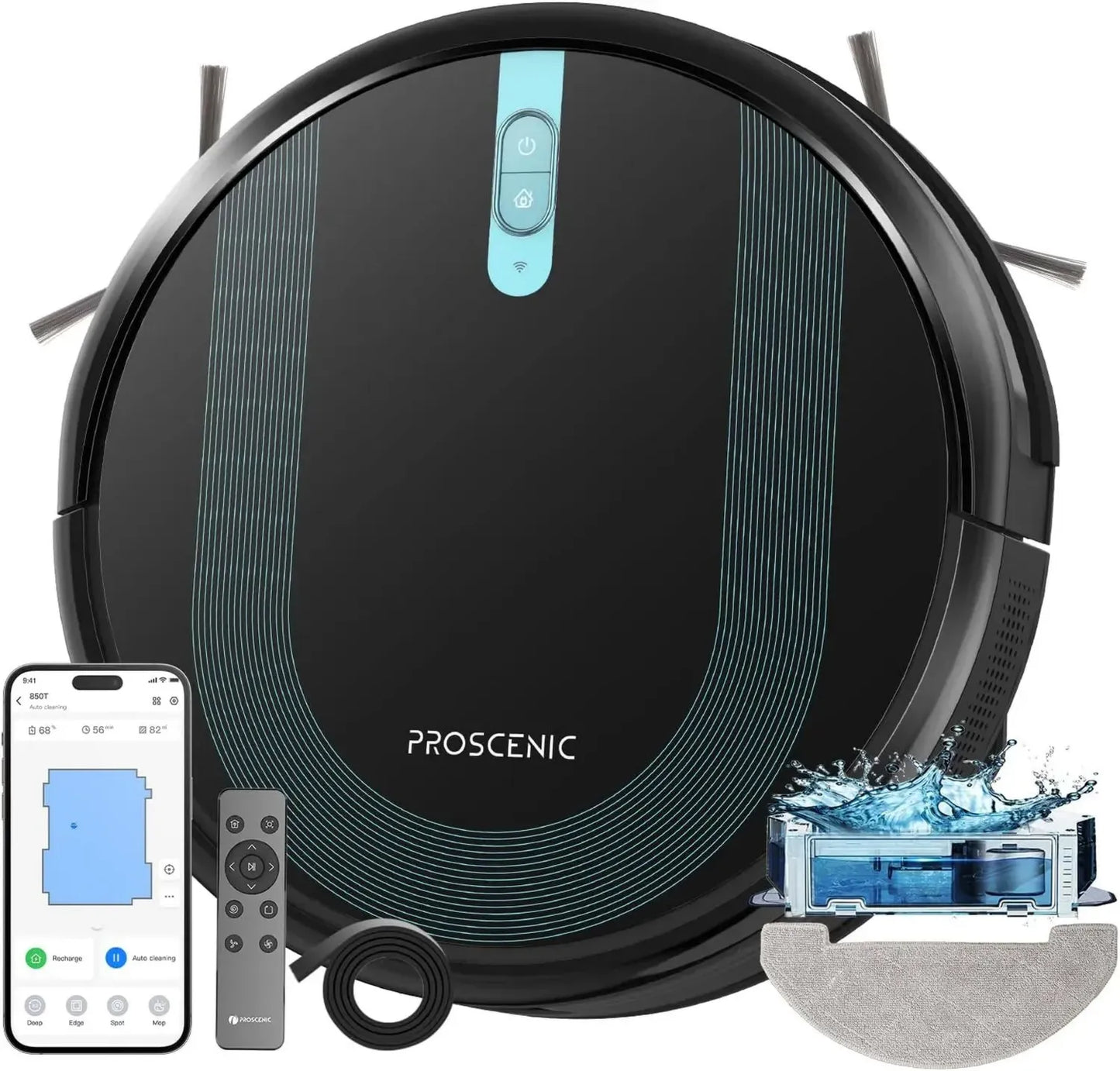 Proscenic 850T Robot Aspirateur Laveur 3000Pa avec Commande Vocale et APP, 120 min d'Autonomie, Silencieux et Ultra-Mince, Idéal pour Tapis et Sols Durs