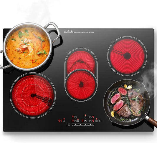 Plaque de Cuisson Vitrocéramique 77cm, 5 Feux, 8500W, Zones Flexibles et Commande Tactile